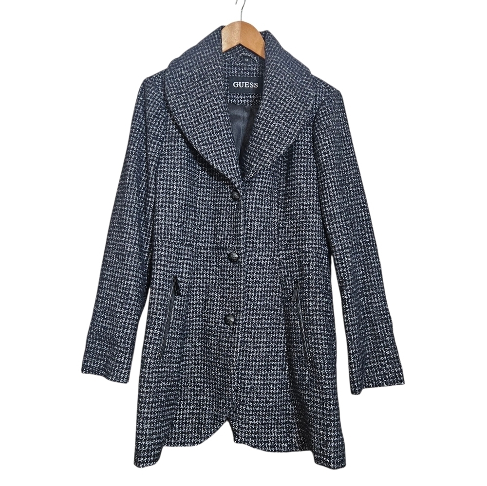 GUESS Wool-Blend Black/White Houndstooth Lined Coat Jacket Women’s Large